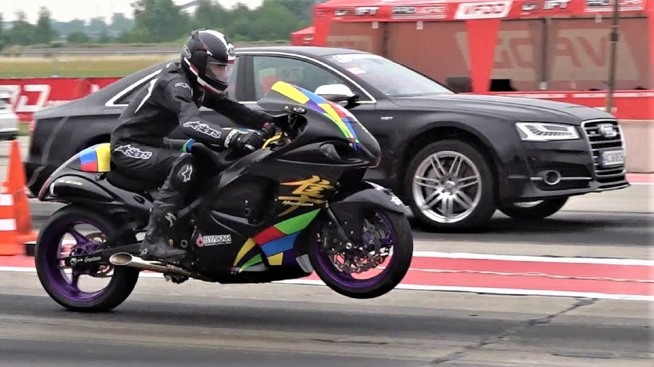 Audi S8 vs Audi RS6 vs Suzuki Hayabusa - 1/4 Mile Drag Race