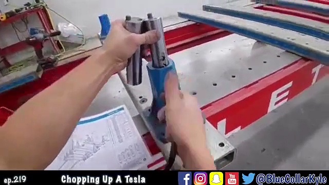 Blue Collar Kyle with Tesla Model S being chopped up and fixed on Celette frame machine